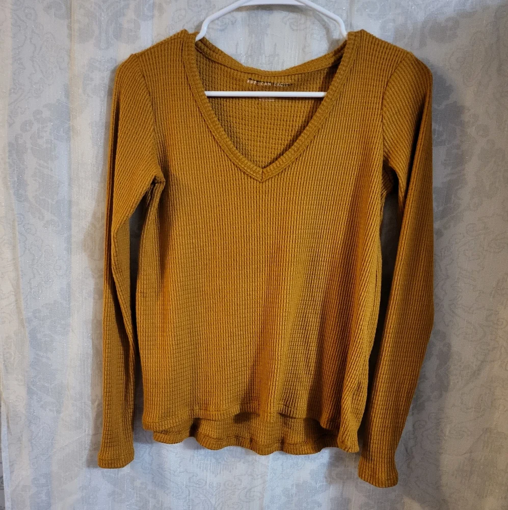 American Eagle Women's Pumpkin Color V-Neck Long Sleeve Ribbed Sweater Size XXS
